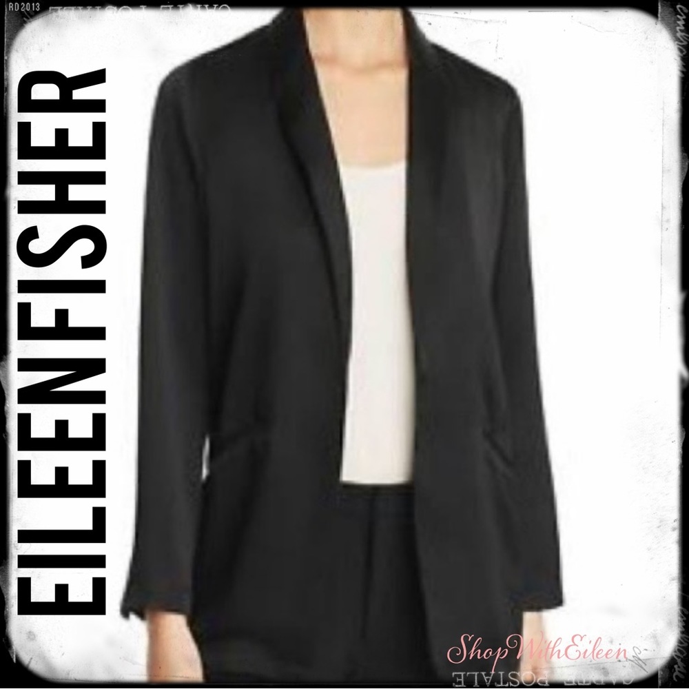 EILEEN FISHER Open Front Shawl Collar Silk Black Blazer NWOT
